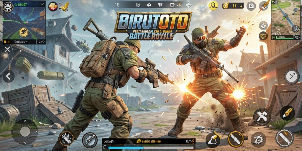 Screenshot BIRUTOTO menunjukkan aksi pertarungan sengit dalam Battle Royale.