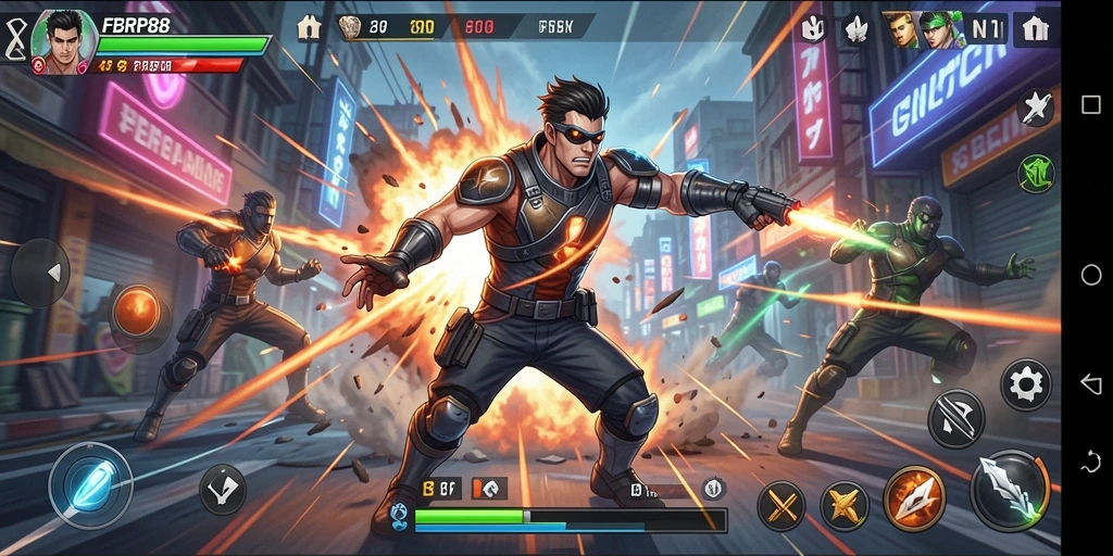 Screenshot menunjukkan aksi seru dalam FBRP88 saat melawan musuh.