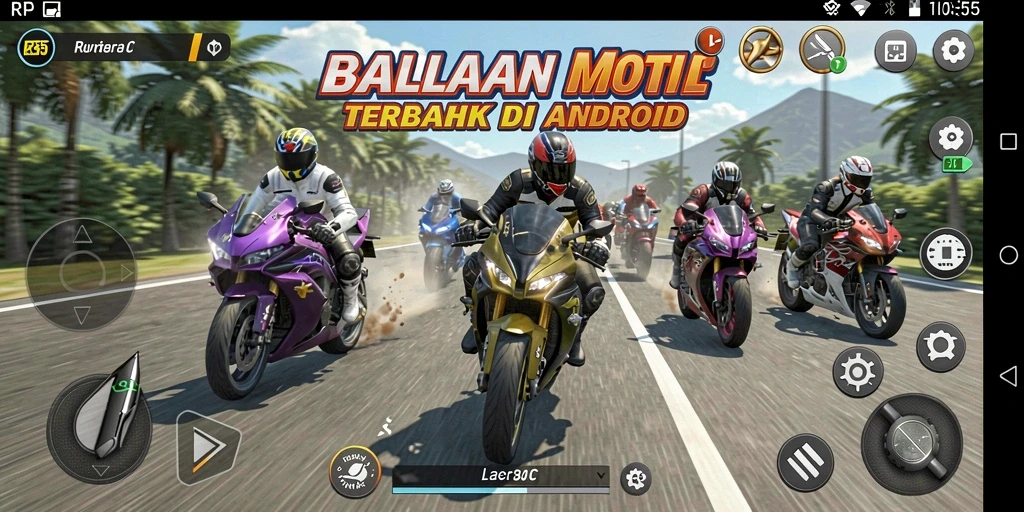 Tampilan gameplay RP55 yang penuh aksi saat balapan motor.