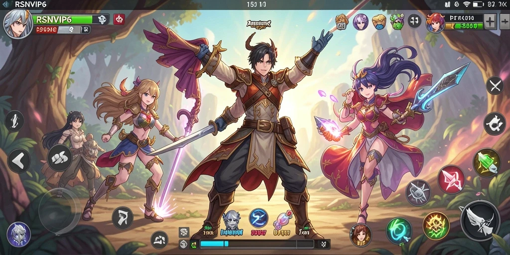 Screenshot RSNVIP6 menampilkan aksi pertarungan seru dengan karakter anime.