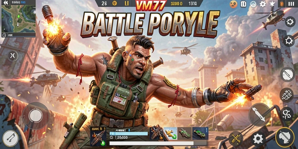 Screenshot VM777 menampilkan pertempuran seru dalam arena Battle Royale.